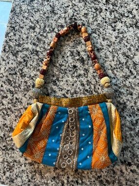 Boho style Embellished Orange & Teal Beaded Strap Women's Bag
